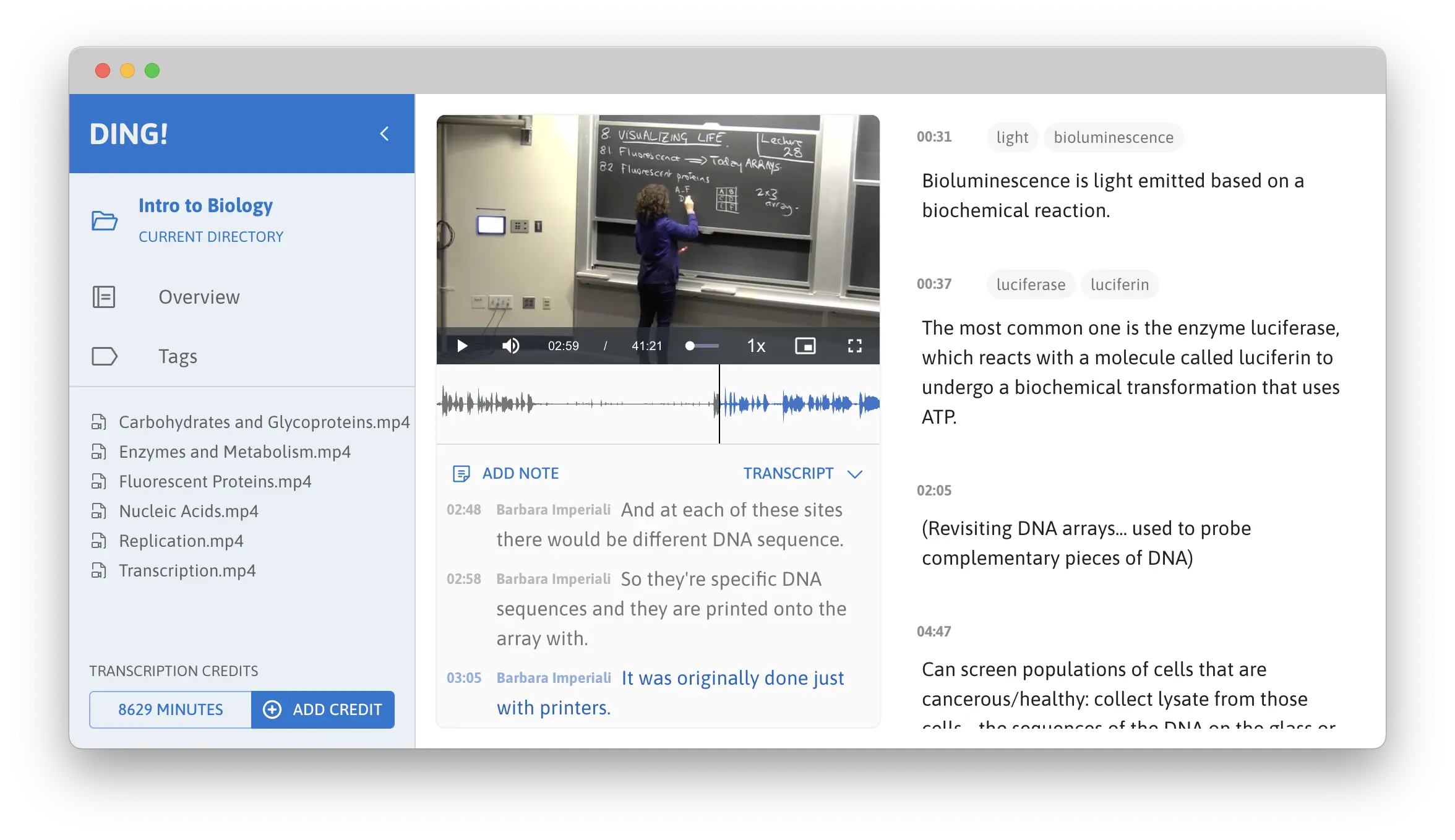 Screenshot of Ding Notes app showing transcript and annotations for a biology lecture.